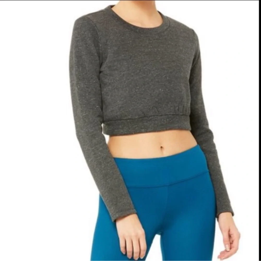 ALO Yoga Elite Long Sleeve Crop Top Sweatshirt Fleece Lined Charcoal Size Small